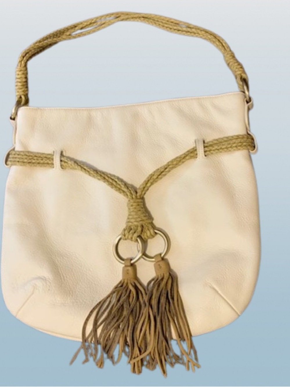 Donna Dixon Cream White Leather Hobo Shoulder Bag Braided Rope Tassels